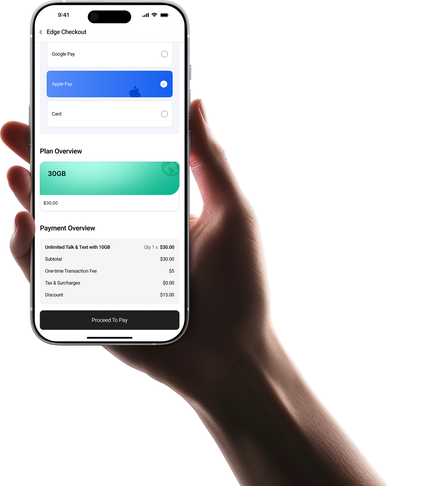 Hand holding phone with checkout screen